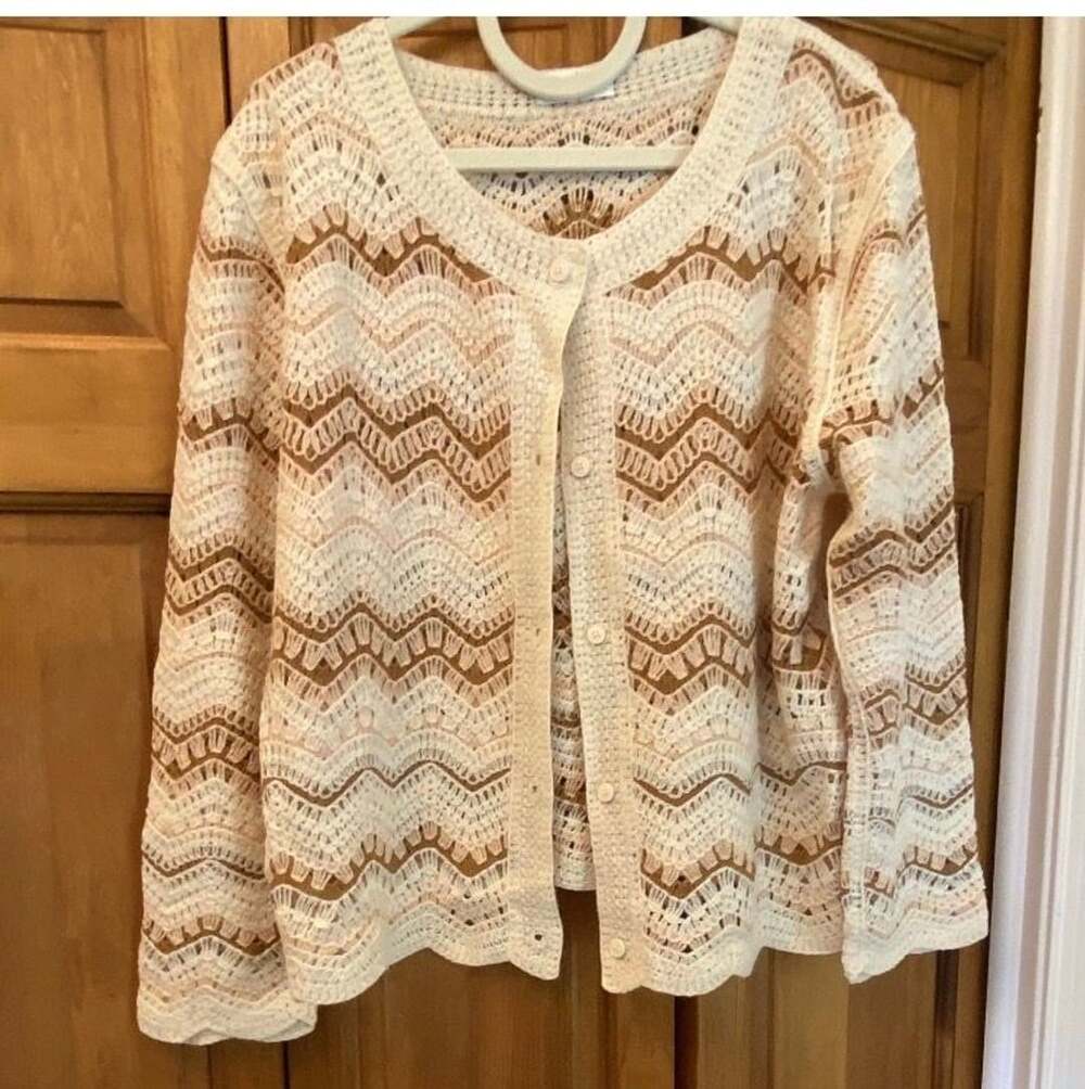 Sapphire Crochet Cardigan XL Ivory Brown Chevron Pattern Button Down Sweater